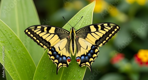 Macro shot of a vibrant yellow swallowtail butterfly with open wings on a green leaf covered in morning dew droplets.