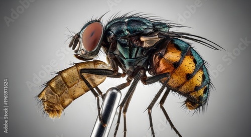 Extreme macro side profile of a colorful blow fly specimen with iridescent blue and orange body segments on a gray background.