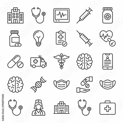 Hospital and healthcare icon collection, modern line vector style, editable stroke, isolated on white background