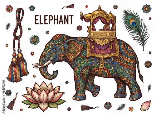Ornate Indian Elephant Vector Illustration with Mandala Patterns, Howdah, Lotus Flower, and Peacock Feather on Black Background