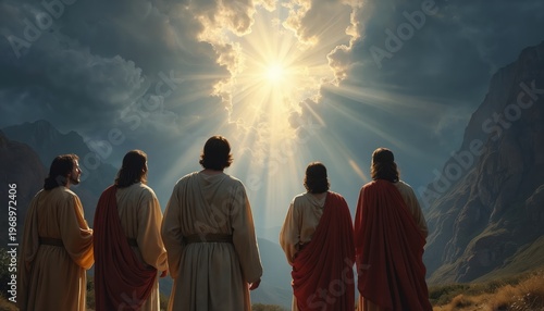 Five men dressed in robes look up at bright divine light breaking through clouds. Mountains and dry grass surround them. They seem to await a spiritual revelation or divine intervention.