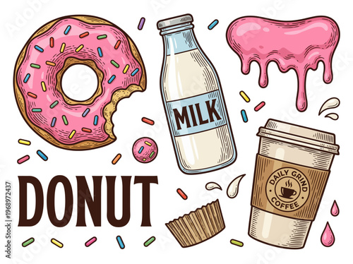 Vintage Vector Illustration Set of Pink Glazed Donut, Glass Milk Bottle, and Takeaway Coffee Cup with Sprinkles and Glaze Drips