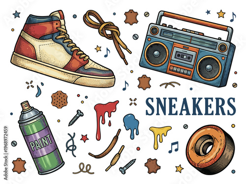 Retro Urban Street Culture Elements Set with High-Top Sneaker, Boombox, and Spray Paint Vector Illustration
