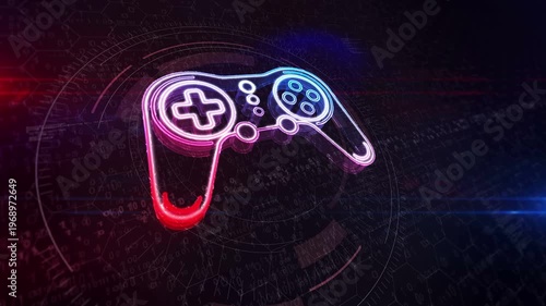 Gaming pad esports cyber 3d symbol. Digital neon icon seamless and looped abstract concept animation.