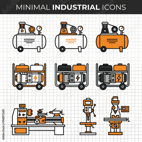 Minimal industrial equipment icon pack with compressor, generator, and machine