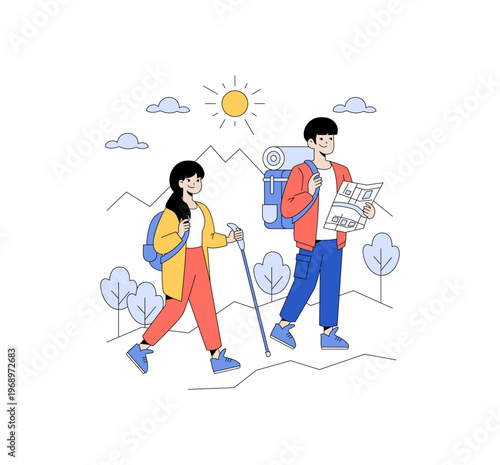 Hiking Adventure Vector Illustration with Happy Hikers