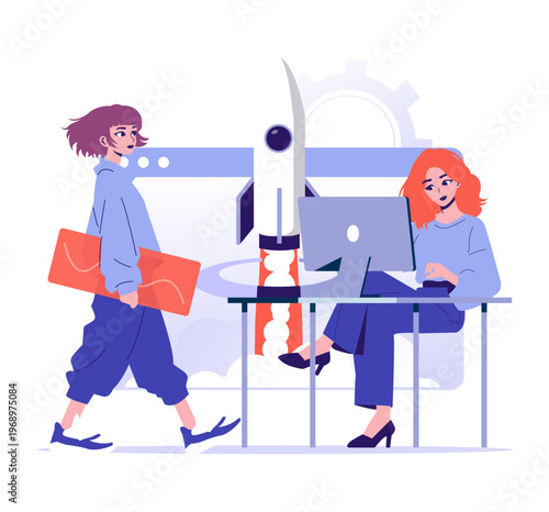 Collaboration in Office Vector Illustration with Rocket Launch