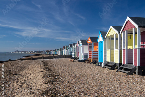 Beach huts at Thorpe Bay, Essex, England, United Kingdom