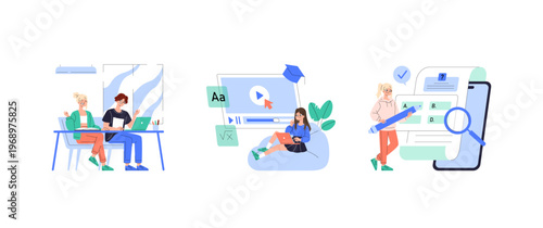 Online Learning and Collaboration Vector Illustration