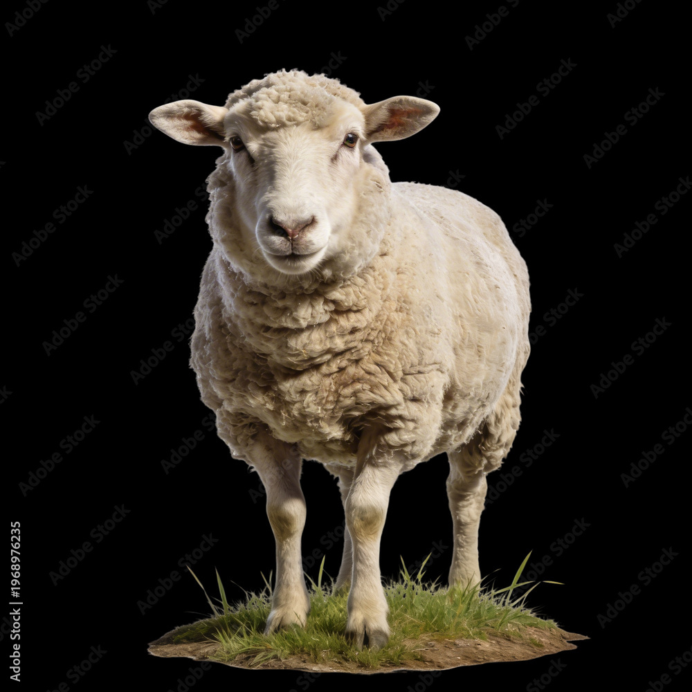 Fototapeta premium A single, fluffy, white sheep stands on a patch of grass, looking directly at the camera with a calm and gentle expression, isolated on a black background