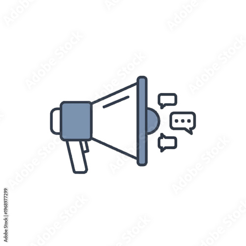 A minimalist vector graphic of a megaphone with speech bubbles on a transparent background