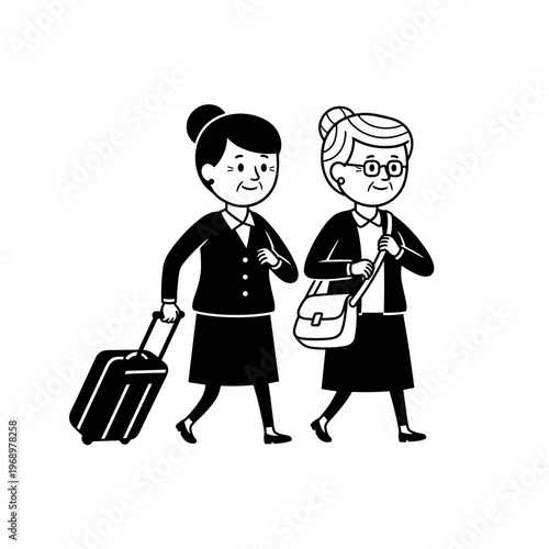 Senior couple traveling with luggage walking together light travel illustration
