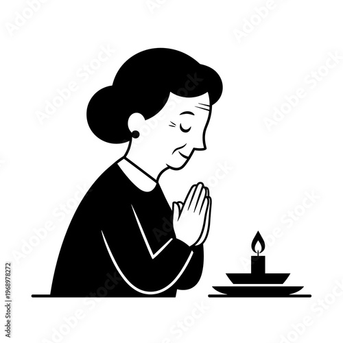 Senior woman praying with light in calm spiritual moment illustration