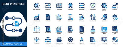 Best practices icon set, workflow, guidelines, standards, procedures, performance improvement, compliance, quality, efficiency, policy, benchmarking. Solid icons collection. Vector.