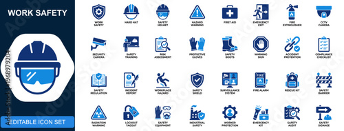 Work safety icon set, hard hat, hazard, first aid, CCTV, emergency exit, fire protection, risk assessment, compliance. Solid icons collection. Vector.