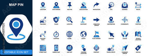 Map pin icon set, location, map marker, geolocation, navigation, address, tracking, GPS, route, place. Solid icons collection. Vector.