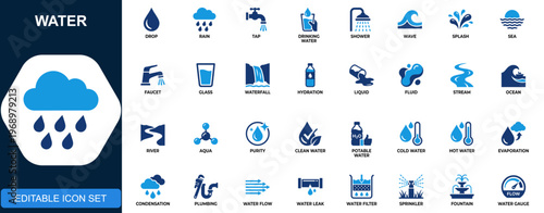 Water icon set, drop, rain, tap, drinking water, shower, wave, splash, plumbing, hydration, liquid flow. Solid icons collection. Vector.