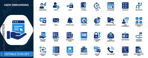 User onboarding icon set, signup, login, tutorial, UX flow, user guide, registration, dashboard, feedback, navigation. Solid icons collection. Vector.