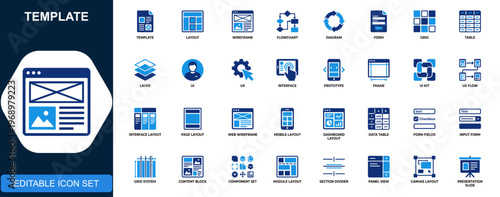 Template icon set, layout, wireframe, flowchart, diagram, form, grid, table, editable layers, UI UX interface, design components. Solid icons collection. Vector.