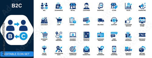 B2C icon set, ecommerce retail, customer service, online shopping, digital marketing, direct sales, customer experience, store operations. Solid icons collection. Vector.