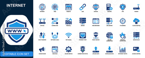 Internet and web icon set, website, link, domain, hosting, VPN, modem, router, connection, online services, cybersecurity, network tools. Solid icons collection. Vector.