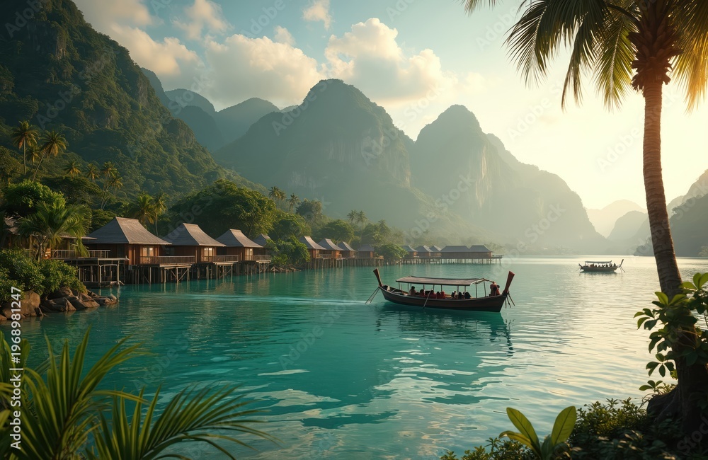 Fototapeta premium Overwater bungalows sit by calm turquoise water with boats in scenic tropical mountains. Palm trees line shore under hazy sky. Vacation resort offers peaceful island getaway.