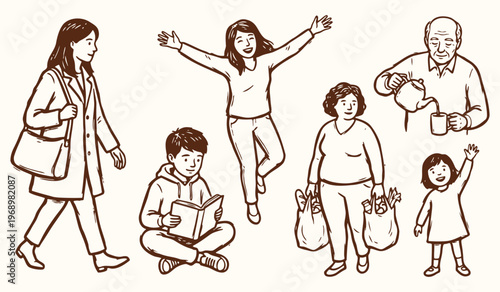 People Daily Life Vector Set. Family Characters Activity Vector Package. Hand Drawn Human Figures Isolated on Cream Background.