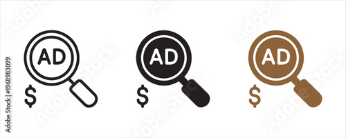 Advertising vector icons magnifying glass with 'ad' and dollar sign graphic design
