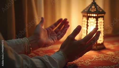 Person raises hands in prayer next to glowing lantern. Warm light fills room. Islamic faith and devotion. Peaceful worship atmosphere. Spiritual ritual.