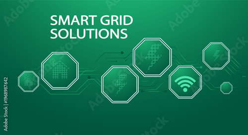 Smart grid solutions with icons for energy, home, and connectivity