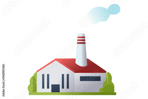 Modern factory building with a tall smokestack emitting a cloud of smoke