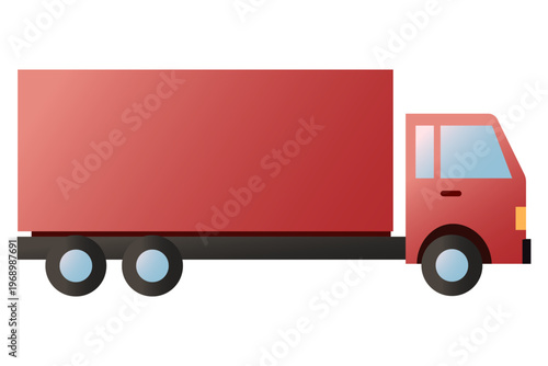 Red delivery truck with a large cargo box and wheels on a white background