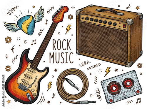 Rock music vector illustration set featuring hand drawn electric guitar, combo amplifier, audio cassette, and winged guitar pick in a vintage sketch style