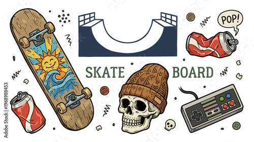 Skateboard Culture Vector Illustration Set with Skull, Retro Gaming Controller, Skate Ramp and Crushed Soda Cans