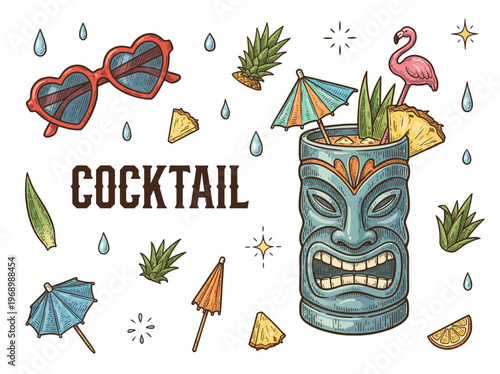 Tiki Cocktail Vector Illustration with Vintage Hand Drawn Tropical Elements Heart Sunglasses and Pineapple