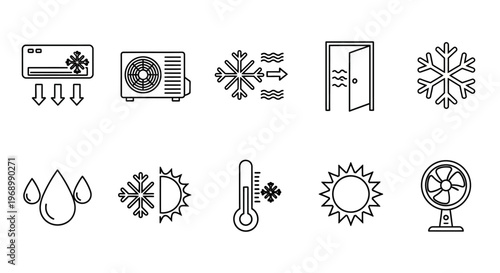 Versatile line icons illustrating climate control, temperature management, and weather conditions, featuring symbols for air conditioning, heating, cooling, sun, snow, and humidity