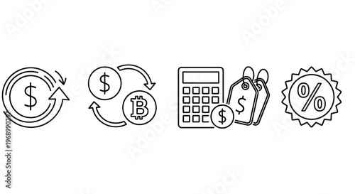 Financial icons representing currency exchange, cost calculation, and discount percentages, symbolizing finance and commerce