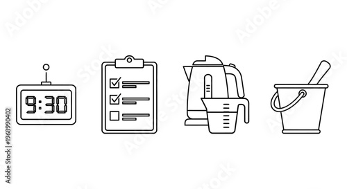 Set of four simple line icons representing a digital clock, a checklist on a clipboard, a measuring jug with a kettle, and a bucket with a scoop