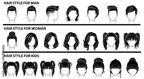 Comprehensive vector collection showcasing diverse hair styles and modern haircuts for men, women, and children, ideal for salon advertisements, fashion guides, or graphic design templates