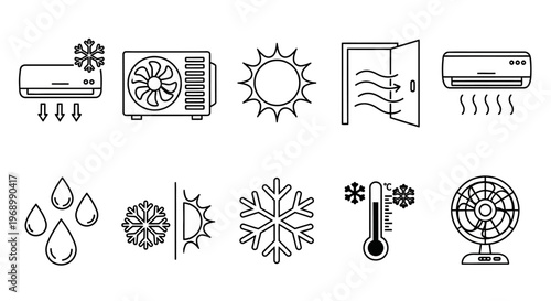 Collection of climate control and weather condition icons representing heating, cooling, and air quality