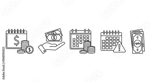 Streamlined financial management icons illustrating payment schedules, savings goals, transaction processing, and monetary alerts