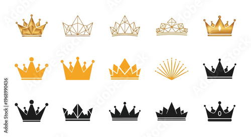 A collection of diverse crown designs in gold and black, showcasing regal symbols of royalty and power across different styles