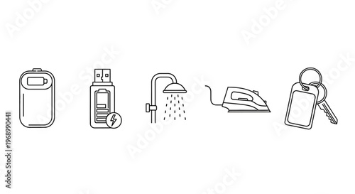 A collection of common household and electronic item icons including a battery, USB drive, shower head, iron, and keychain for representation in technology and lifestyle contexts