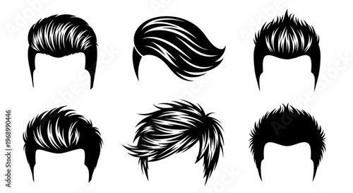Diverse collection of fashionable men's hairstyles, expertly rendered in black and white graphic illustrations, showcasing contemporary cuts and styling trends for various looks