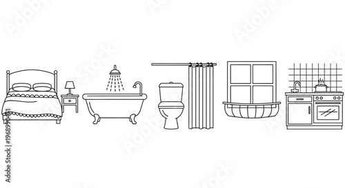 Clean line art vector icons showcasing essential household furniture and fixtures for modern interior design, domestic infographics, or residential property concepts