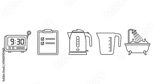 Collection of essential daily routine and household items depicted as minimalist line art illustrations for various domestic and lifestyle concepts