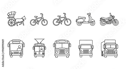 Collection of transportation icons including rickshaws, bicycles, scooters, motorcycles, buses, and trucks for various travel and movement concepts
