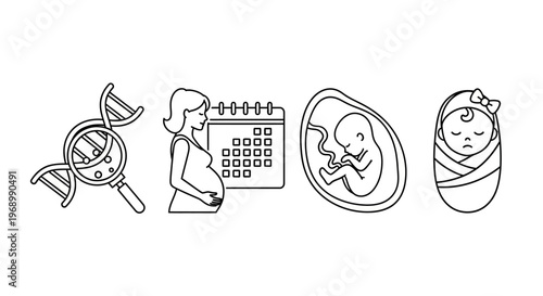 Icons depicting pregnancy, genetics, and a newborn baby, symbolizing family planning and maternity care