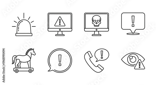 Essential outline icon set for cybersecurity awareness, illustrating various digital threats, online warnings, system alerts, and data privacy concerns