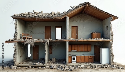 Cross section of destroyed house with debris rubble. Interior shows damaged rooms furniture kitchen appliances. Wrecked building structure needs repair demolition.